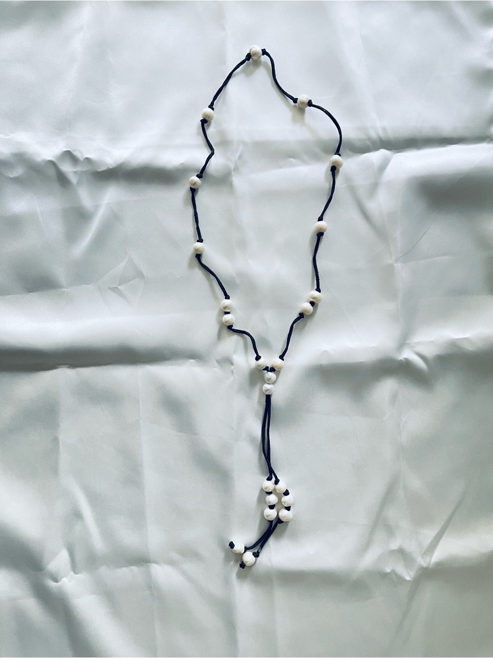 Hand-Knotted Brown Cord Necklace with White Beads